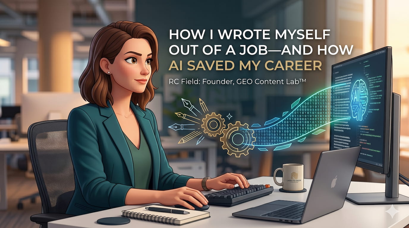 An illustration of a woman working on a computer as gears and AI technology merge on screen, representing the transition from writer to AI specialist.